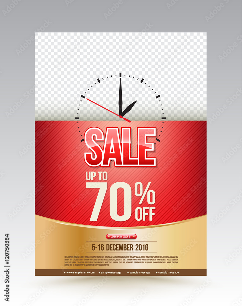 Sale poster design template up to 70 percent off with clock. vector illustration.