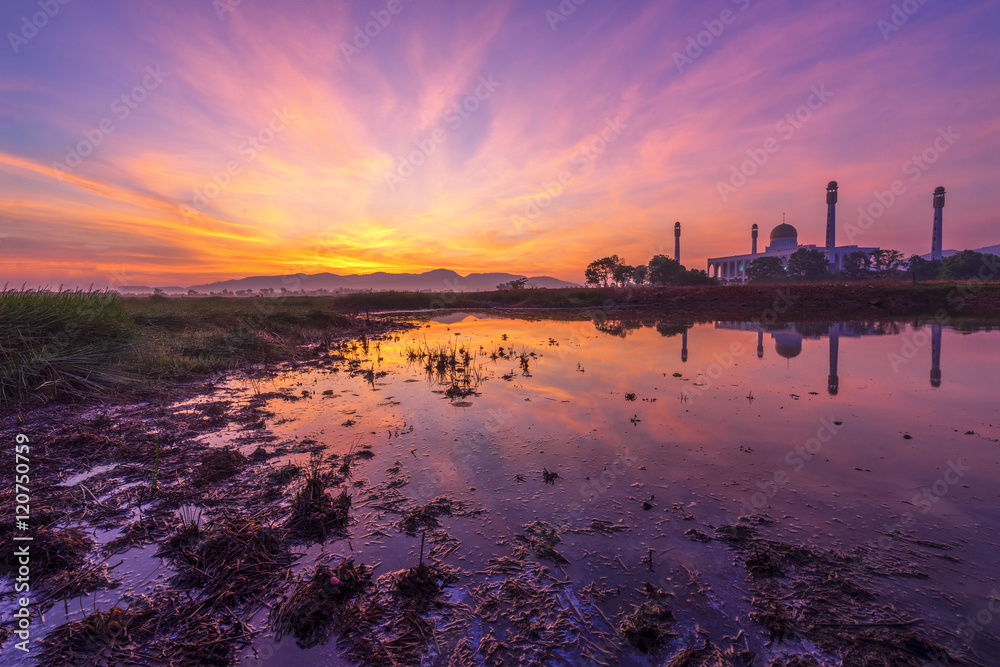 Power of Sunrise over Central Mosque Songkhla,Thailand, Blurred background