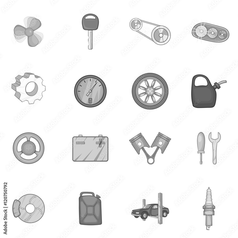 Fototapeta premium Auto spare parts icons set in black monochrome style. Car maintenance set collection vector illustration