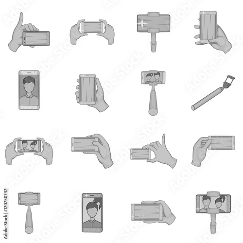 Selfie icons set in black monochrome style. Taking photos with smartphones set collection vector illustration
