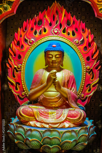 Buddha image that is carved of wood. Buddha sitting in a lotus flower, and his hands is in various positions mudras.