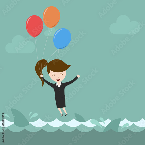 Businesswoman flying over risk.