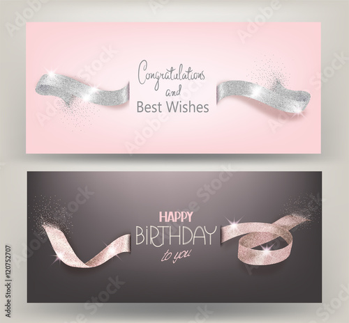 Greeting horizontal cards with sparkling rose cut ribbons. Vector illustration