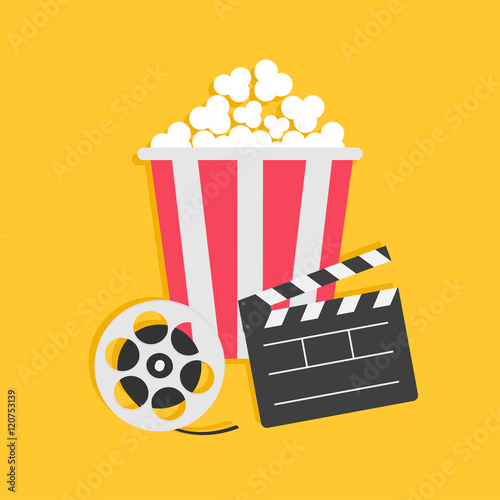 Movie reel Open clapper board Popcorn Cinema icon set. Flat design style. Yellow background.