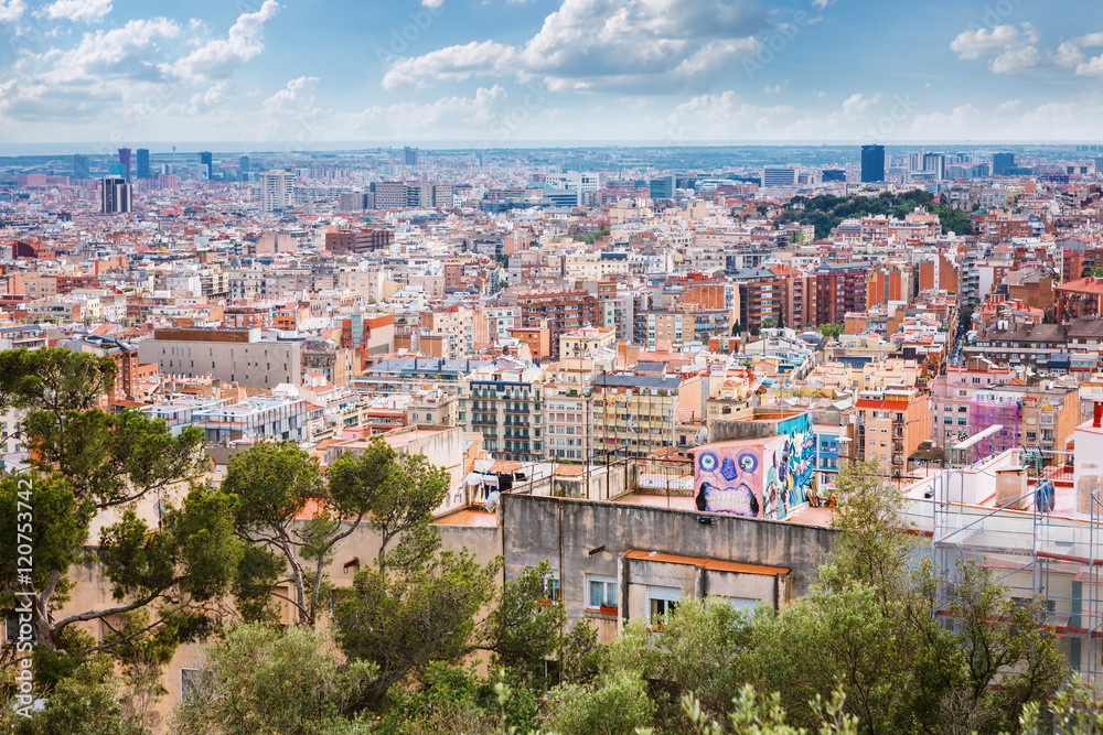 Panoramic view of Barcelona from Park Guell in a summer day in Spain