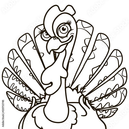 outline coloring cartoon turkey with a smile on white background
