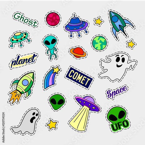 Fashion patch badges. Ufo set. Stickers, pins, patches and handwritten notes collection in cartoon 80s-90s comic style. Trend. Vector illustration isolated. Vector clip art.