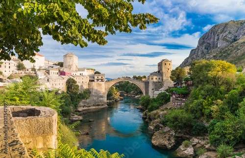 Beautiful landscape of the historic town of Mostar, valley of the Neretva River photo
