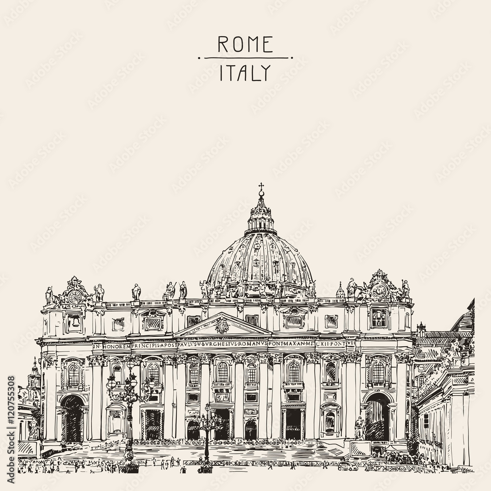 St. Peter's Cathedral, Rome, Vatican, Italy. Hand drawing