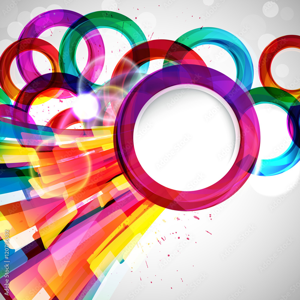 Fototapeta premium Abstract background. Colorful circles pattern on a dark. Sun and thin wavy lines and transparent circles blur. Design card with round place for your text.