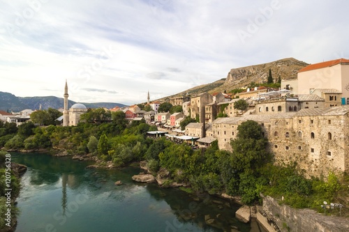 Afternoon scene in Mostar with the medieval town, the Neretva river in Bosnia Herzegovina