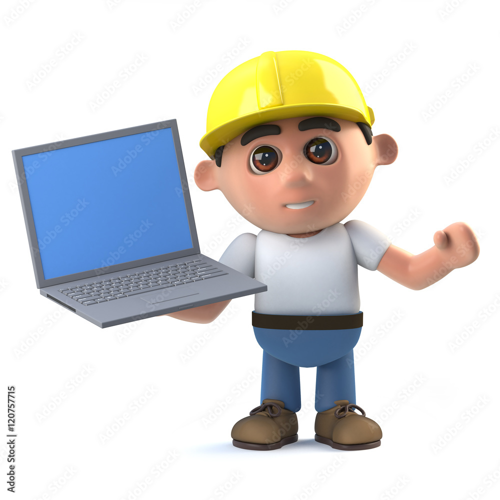 3d Construction worker holding a laptop pc device 3d Construction worker holding a laptop pc device