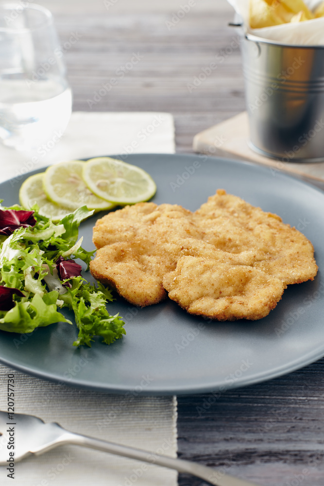 Fried chicken breast fillet on a gray plate with fries. Country style Fried chicken breast fillet on a gray plate with fries. Country style