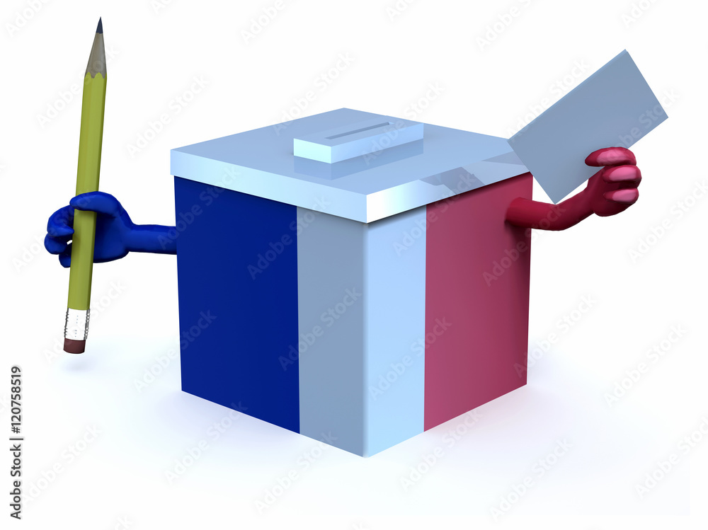 French election ballot box with arms, pencil and envelope on han Stock