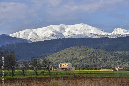 SPAIN, MALLORCA, 2015-02-07:Traditional farmhouse (finca) near Sa Pobla on the foot of the snow covered Tramuntana mountain range