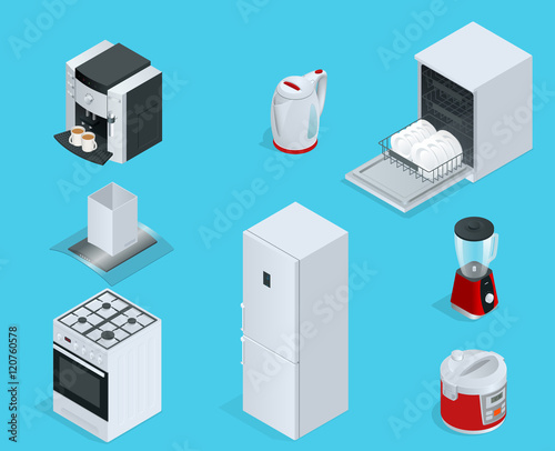 Isometric Home appliances. Set of household kitchen technics dishwasher, gas stove, coffee maker, blender, kettle, fridge, multivarka, extractor, crockery.