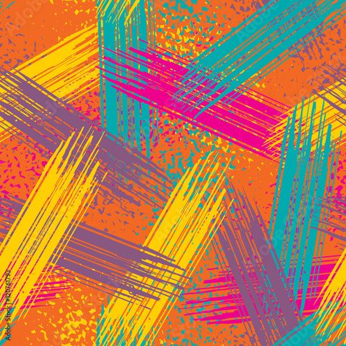 Abstract grunge seamless chaotic pattern with brushstrokes, blots, drops and splashes. Trendy colorful texture background. Modern wallpaper. Fashionable print with a shabby paint effect.