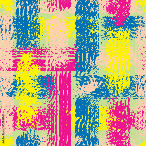 Abstract grunge seamless chaotic pattern with brushstrokes, blots, drops and splashes. Trendy colorful texture background. Modern wallpaper. Fashionable print with a shabby paint effect.