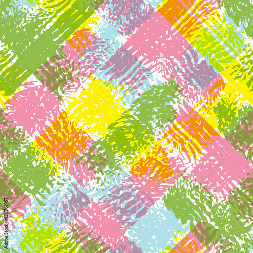 Abstract grunge seamless chaotic pattern with brushstrokes, blots, drops and splashes. Trendy colorful texture background. Modern wallpaper. Fashionable print with a shabby paint effect.