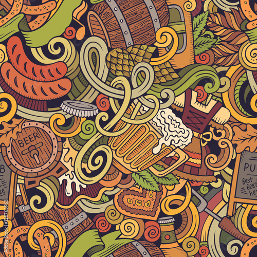 Cartoon cute doodles hand drawn Octoberfest seamless pattern