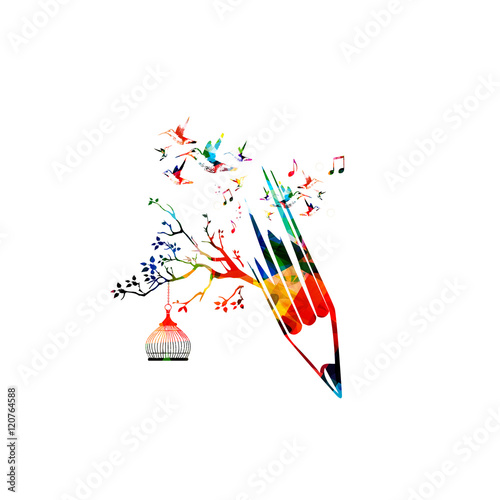 Colorful pencil tree vector illustration with hummingbirds. Design for creative writing and creation, storytelling, blogging, education, book cover, article and website content writing, copywriting