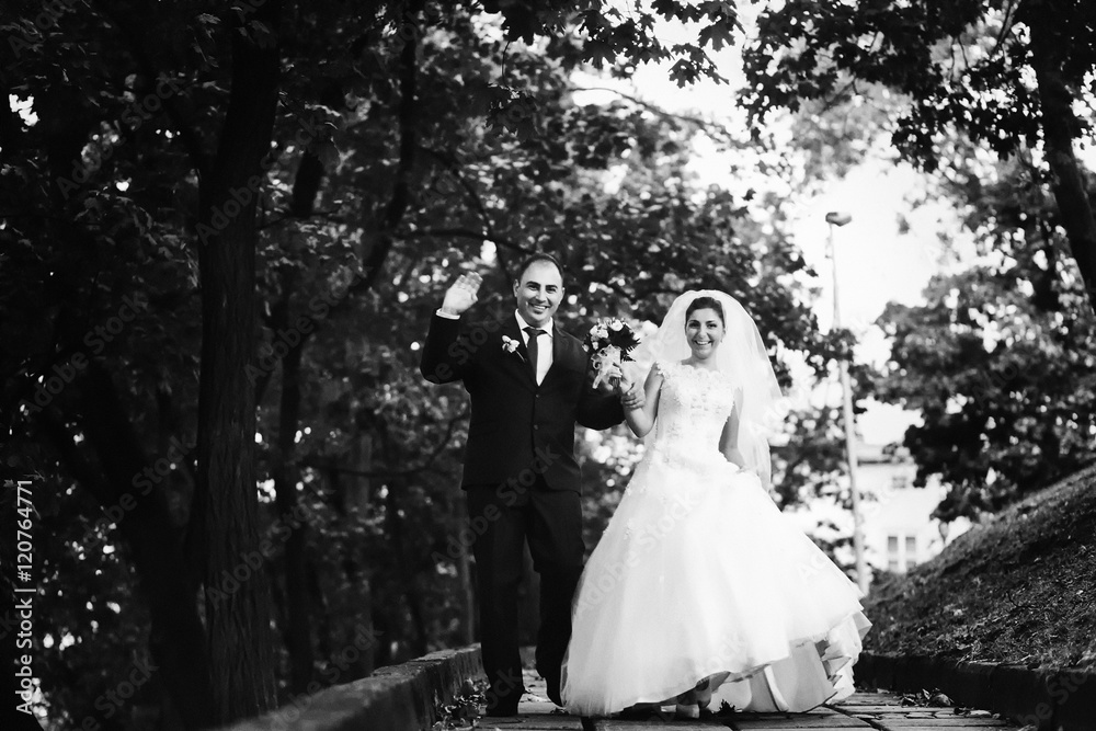 Beautiful couple of happy newlyweds on a walk in the sunny autumn park on their wedding day Beautiful couple of happy newlyweds on a walk in the sunny autumn park on their wedding day