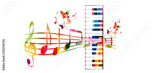 Creative music style template vector illustration, colorful piano keys with music staff and notes, music instruments background. Design for poster, brochure, banner, concert, festival and music shop 