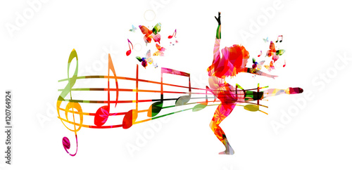 Creative music style template vector illustration, colorful music staff and notes with woman silhouette dancing, dancer performance background. Design for poster, brochure, banner, concert, festival