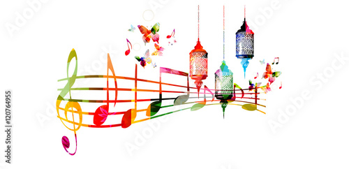 Creative music style template vector illustration, colorful Ramadan lamps with music staff and notes, Muslim celebrations and festivals background. Festive arabic lamps and traditional events design