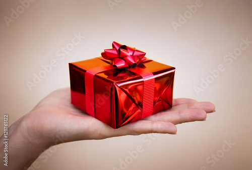 Hand holding a neatly wrapt gift.  photo