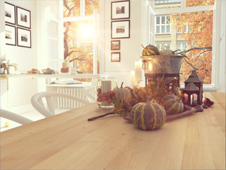 nordic kitchen in an apartment. 3D rendering. thanksgiving concept.