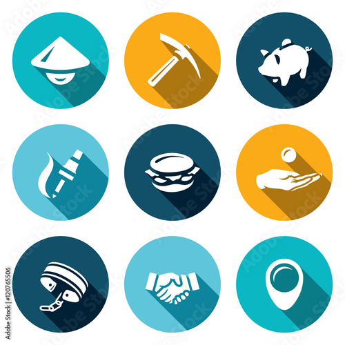 Vector Set of Cheap Labor Icons. Worker, Tool, Economy, Production, Food, Payment, Slavery, Agreement, Location.