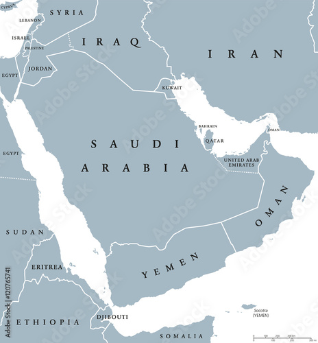 Arabian peninsula countries political map with national borders and single countries. Arabia is a peninsula of Western Asia, northeast of Africa. English labeling and scaling. Illustration over white.