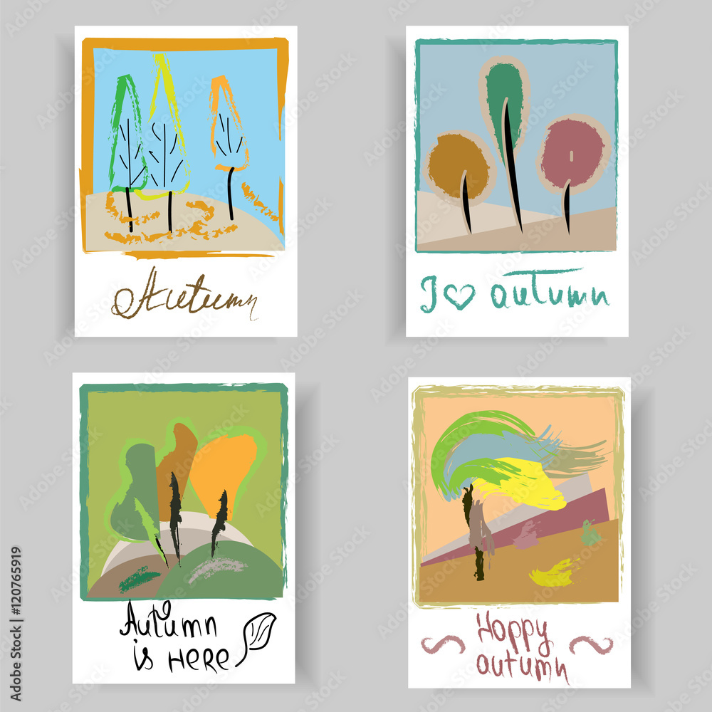 Hand drawn set of artistic creative autumn cards. Design for a poster ...