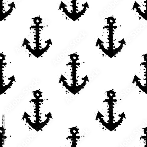Vector black and white seamless pattern, graphic illustration of anchor with ink blot, brush strokes.