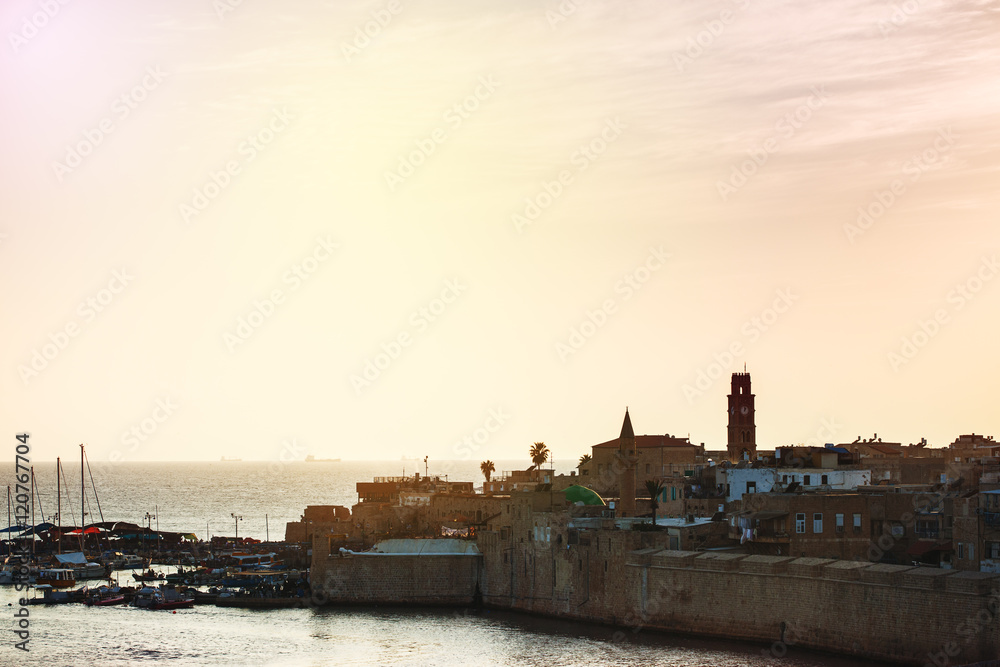 Old city of Akko at the sunset