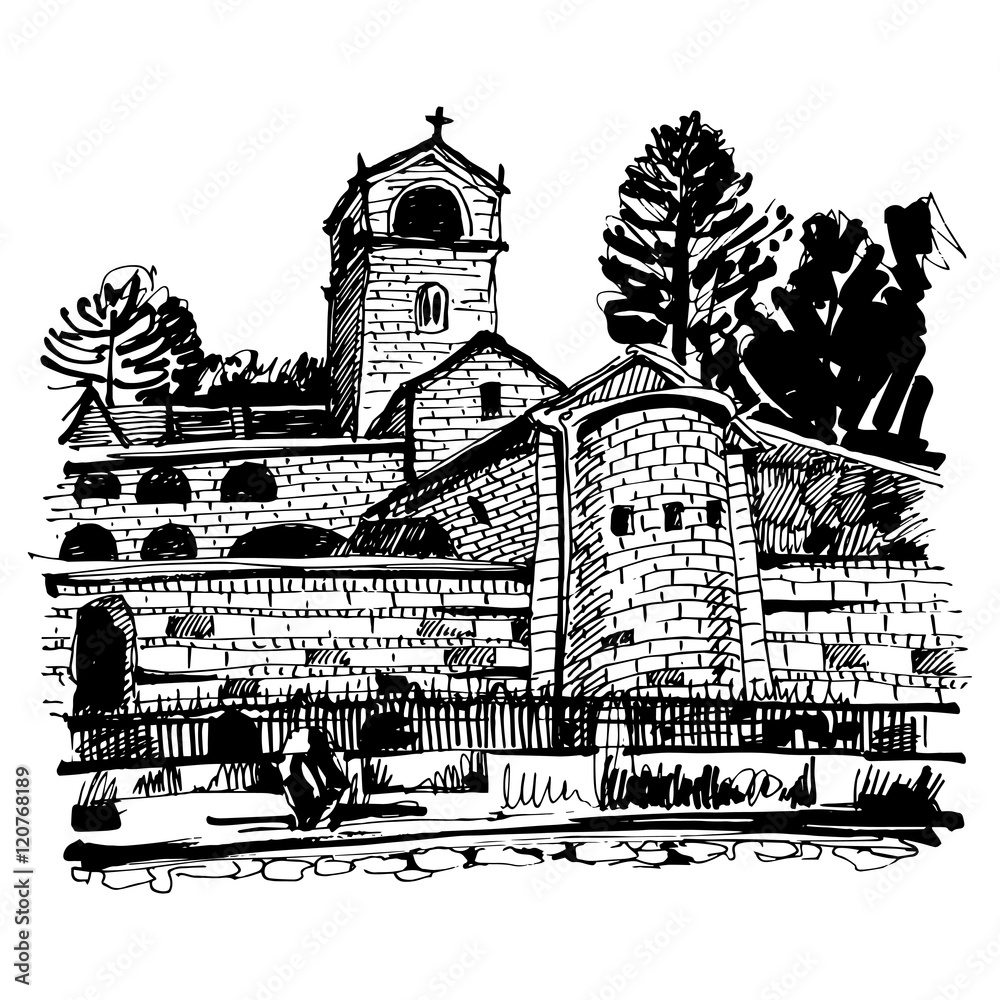 Fototapeta premium black and white hand drawing of Cetinje monastery - ancient capi