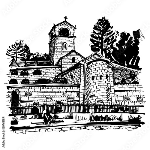 black and white hand drawing of Cetinje monastery - ancient capi