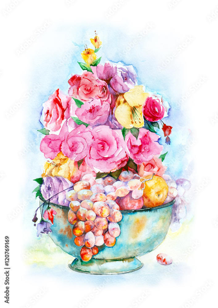 Naklejka premium Watercolor painting. The composition of the fruit and roses in an old blue vase on a white background.