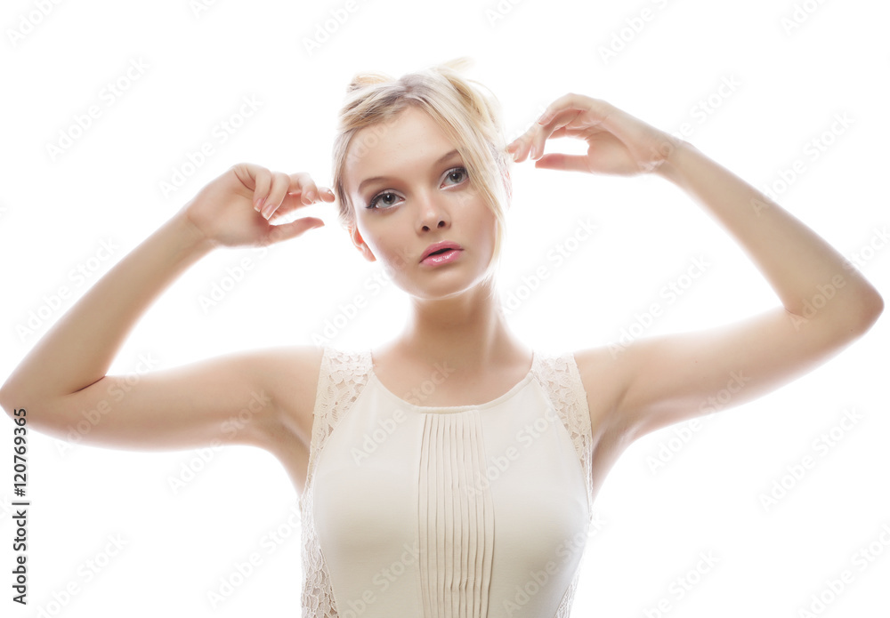 Portrait of a beautiful female model on white background Portrait of a beautiful female model on white background