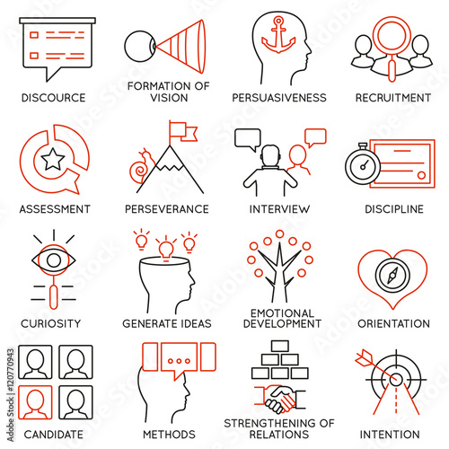 Vector set of 16 icons related to business management, strategy, career progress and business process. Mono line pictograms and infographics design elements - part 24