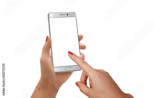 Woman touch display modern smartphone. Isolated scene for mockup.