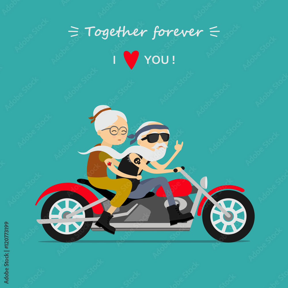 Happy grandparents day. Ederly couple on the motorcycle. Together forever. I love you. Greeting card, background.