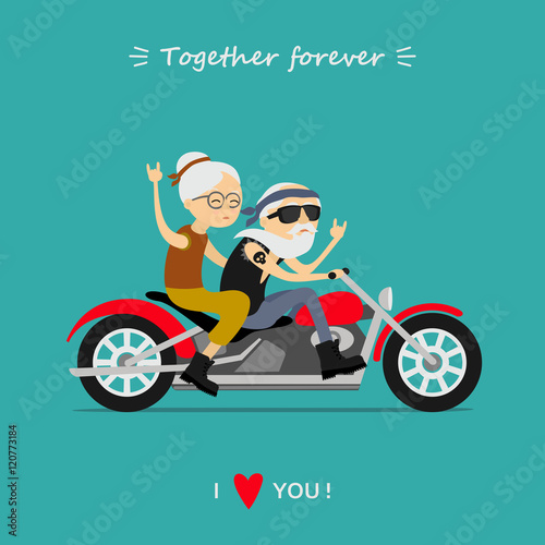 Happy grandparents day. Ederly couple on the motorcycle. Together forever. I love you. Greeting card, background.