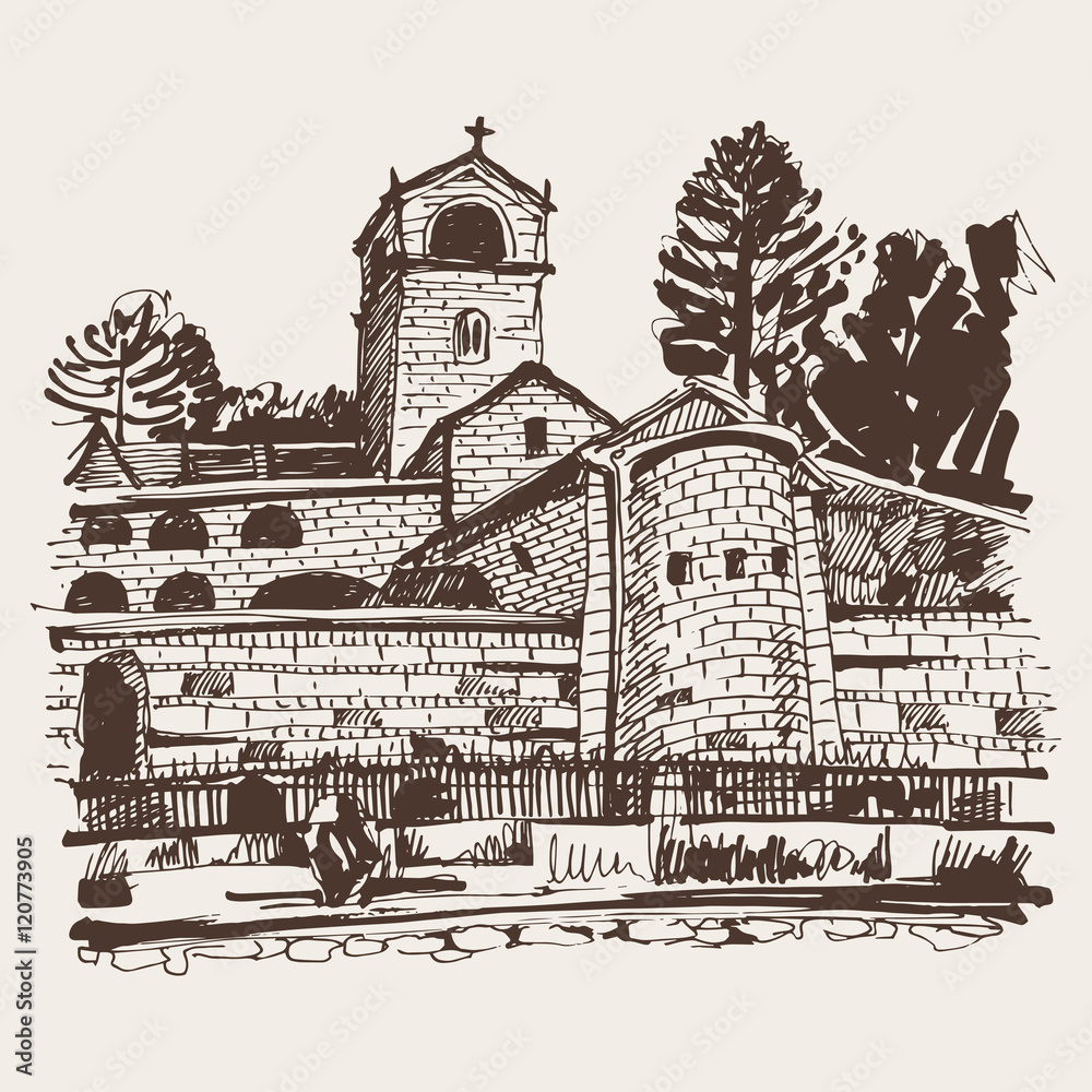 sepia hand drawing of Cetinje monastery - ancient capital in Mon