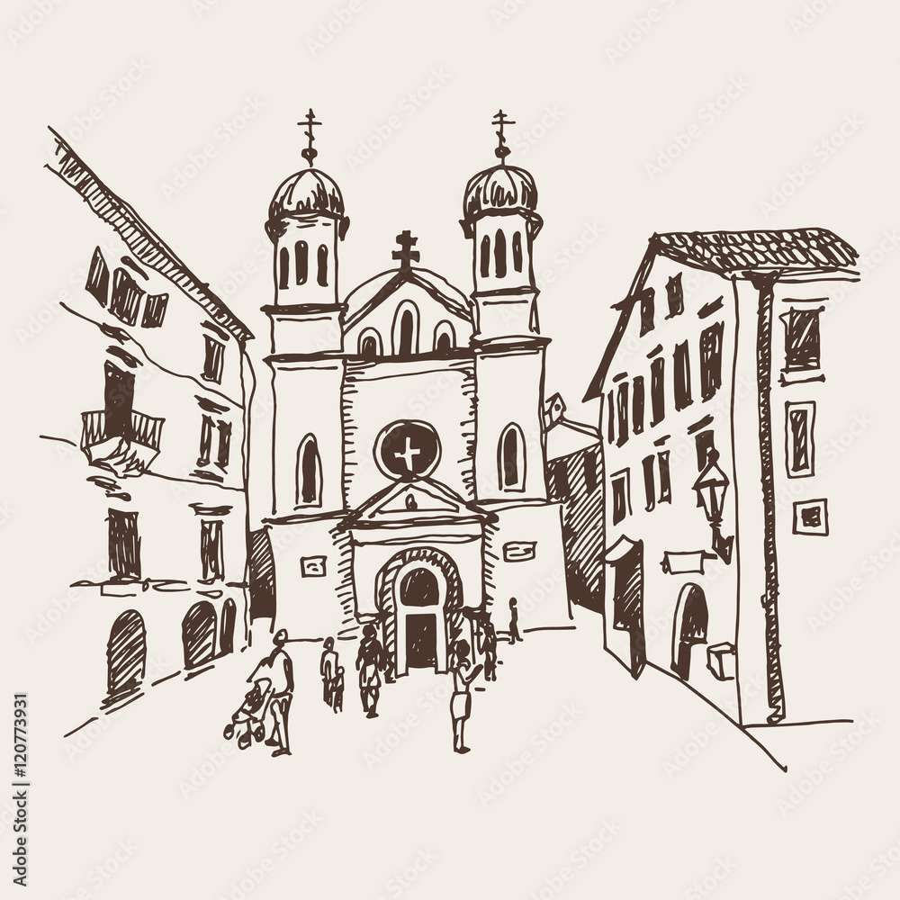 sketch drawing of Church of Saint Tryphon in Kotor Montenegro