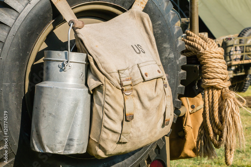 US military bag and gasoline jerrycan on a jeep expostion photo
