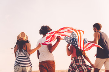 Friends with American flag. 