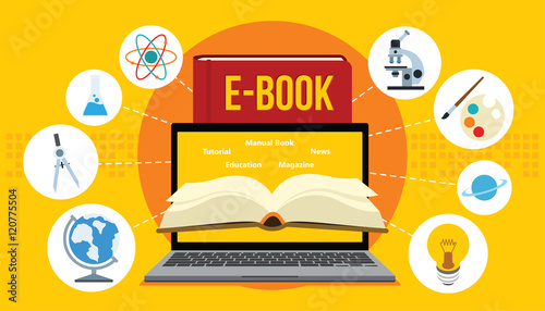 electronic book ebook with laptop and yellow background