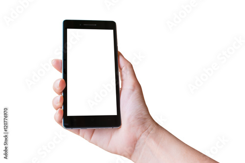 Isolated smartphone in right hand on white background
